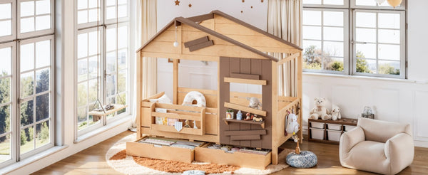 English Elm Twin Playhouse Bed Pine Wood Cottage Frame with Storage Drawers and Window Shelf Light Natural W5316S00090