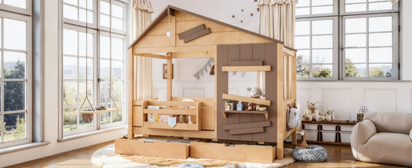 English Elm Twin Playhouse Bed Pine Wood Cottage Frame with Storage Drawers and Window Shelf Light Natural W5316S00090