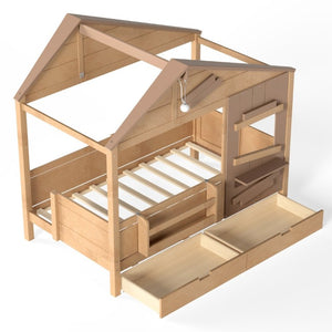 English Elm Twin Playhouse Bed Pine Wood Cottage Frame with Storage Drawers and Window Shelf Light Natural W5316S00090
