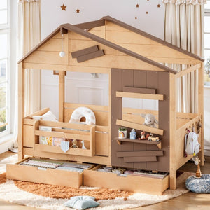 English Elm Twin Playhouse Bed Pine Wood Cottage Frame with Storage Drawers and Window Shelf Light Natural W5316S00090