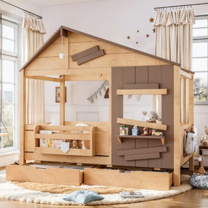 English Elm Twin Playhouse Bed Pine Wood Cottage Frame with Storage Drawers and Window Shelf Light Natural W5316S00090