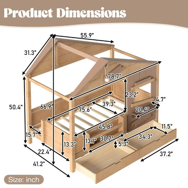 English Elm Twin Playhouse Bed Pine Wood Cottage Frame with Storage Drawers and Window Shelf Light Natural W5316S00090