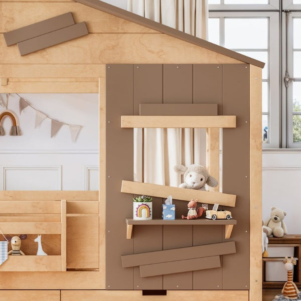 English Elm Twin Playhouse Bed Pine Wood Cottage Frame with Storage Drawers and Window Shelf Light Natural W5316S00090
