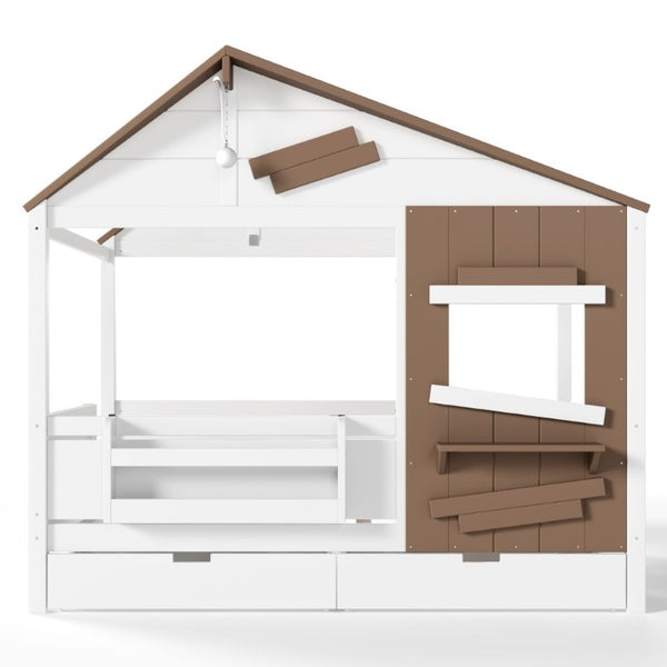English Elm Full Size Farmhouse House Bed Pine Wood Frame with Storage Drawers and Window Shelf W5316S00091