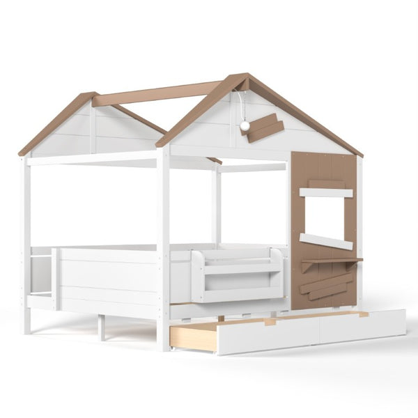 English Elm Full Size Farmhouse House Bed Pine Wood Frame with Storage Drawers and Window Shelf W5316S00091