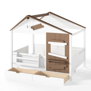 English Elm Full Size Farmhouse House Bed Pine Wood Frame with Storage Drawers and Window Shelf W5316S00091