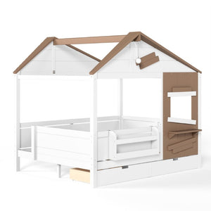 English Elm Full Size Farmhouse House Bed Pine Wood Frame with Storage Drawers and Window Shelf W5316S00091