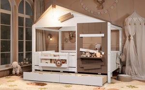 English Elm Full Size Farmhouse House Bed Pine Wood Frame with Storage Drawers and Window Shelf W5316S00091