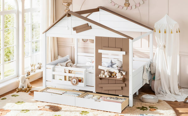 English Elm Full Size Farmhouse House Bed Pine Wood Frame with Storage Drawers and Window Shelf W5316S00091