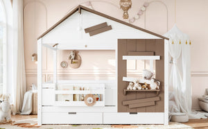 English Elm Full Size Farmhouse House Bed Pine Wood Frame with Storage Drawers and Window Shelf W5316S00091