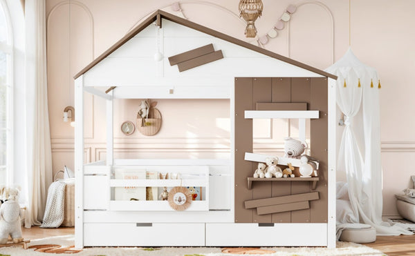 English Elm Full Size Farmhouse House Bed Pine Wood Frame with Storage Drawers and Window Shelf W5316S00091