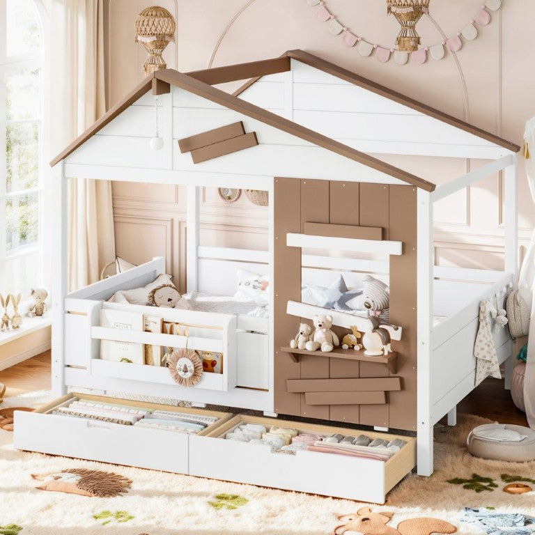English Elm Full Size Farmhouse House Bed Pine Wood Frame with Storage Drawers and Window Shelf W5316S00091