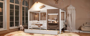 English Elm Full Size Farmhouse House Bed Pine Wood Frame with Storage Drawers and Window Shelf W5316S00091
