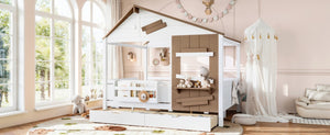 English Elm Full Size Farmhouse House Bed Pine Wood Frame with Storage Drawers and Window Shelf W5316S00091