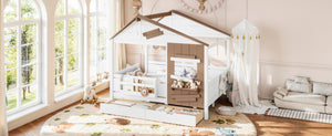 English Elm Full Size Farmhouse House Bed Pine Wood Frame with Storage Drawers and Window Shelf W5316S00091