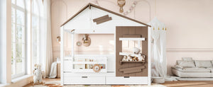 English Elm Full Size Farmhouse House Bed Pine Wood Frame with Storage Drawers and Window Shelf W5316S00091