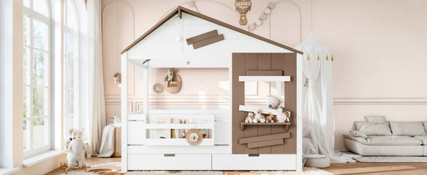 English Elm Full Size Farmhouse House Bed Pine Wood Frame with Storage Drawers and Window Shelf W5316S00091