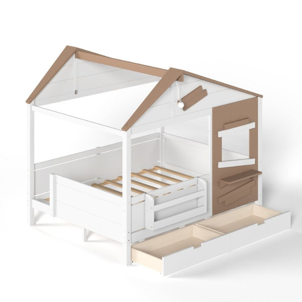 English Elm Full Size Farmhouse House Bed Pine Wood Frame with Storage Drawers and Window Shelf W5316S00091
