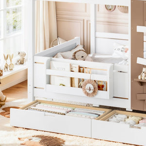 English Elm Full Size Farmhouse House Bed Pine Wood Frame with Storage Drawers and Window Shelf W5316S00091