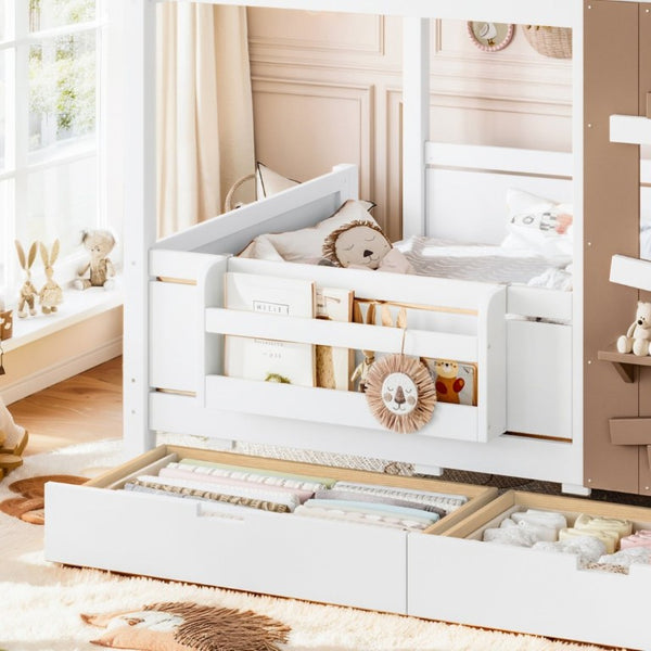 English Elm Full Size Farmhouse House Bed Pine Wood Frame with Storage Drawers and Window Shelf W5316S00091