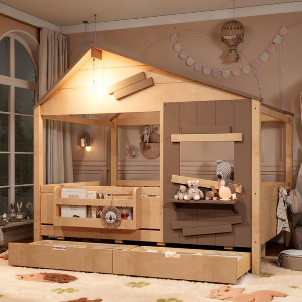 English Elm Full Size Pine Wood Playhouse Bed with Storage Drawers Window Shelf and Hooks W5316S00092