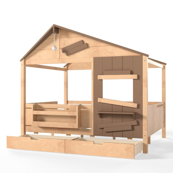 English Elm Full Size Pine Wood Playhouse Bed with Storage Drawers Window Shelf and Hooks W5316S00092