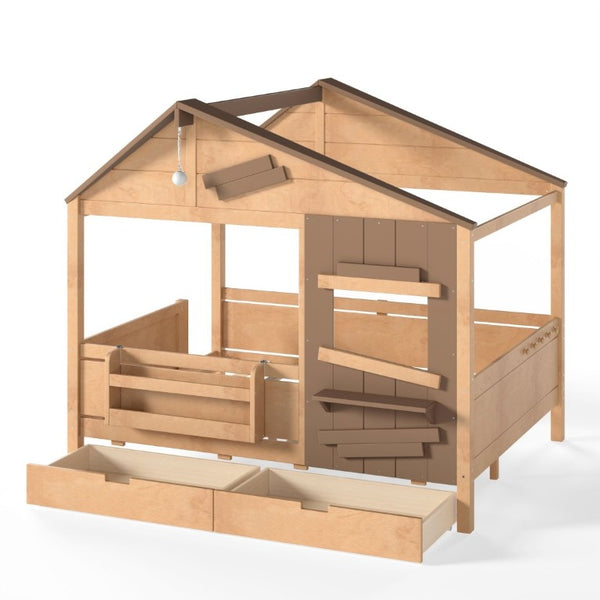 English Elm Full Size Pine Wood Playhouse Bed with Storage Drawers Window Shelf and Hooks W5316S00092
