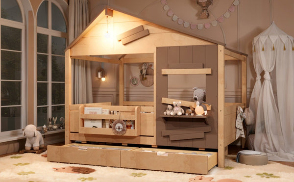 English Elm Full Size Pine Wood Playhouse Bed with Storage Drawers Window Shelf and Hooks W5316S00092