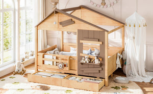 English Elm Full Size Pine Wood Playhouse Bed with Storage Drawers Window Shelf and Hooks W5316S00092