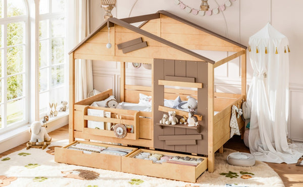 English Elm Full Size Pine Wood Playhouse Bed with Storage Drawers Window Shelf and Hooks W5316S00092