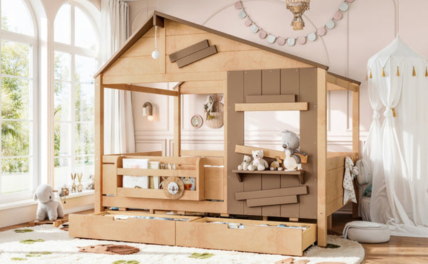 English Elm Full Size Pine Wood Playhouse Bed with Storage Drawers Window Shelf and Hooks W5316S00092