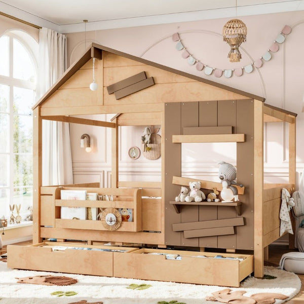 English Elm Full Size Pine Wood Playhouse Bed with Storage Drawers Window Shelf and Hooks W5316S00092