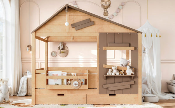 English Elm Full Size Pine Wood Playhouse Bed with Storage Drawers Window Shelf and Hooks W5316S00092