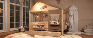 English Elm Full Size Pine Wood Playhouse Bed with Storage Drawers Window Shelf and Hooks W5316S00092