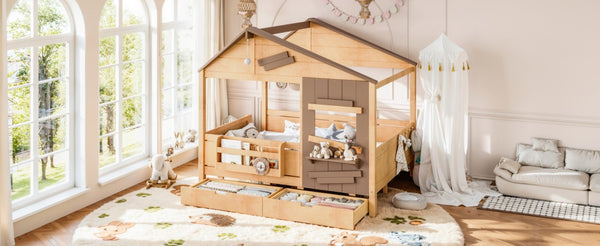 English Elm Full Size Pine Wood Playhouse Bed with Storage Drawers Window Shelf and Hooks W5316S00092