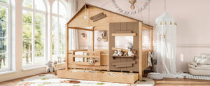 English Elm Full Size Pine Wood Playhouse Bed with Storage Drawers Window Shelf and Hooks W5316S00092