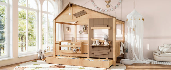 English Elm Full Size Pine Wood Playhouse Bed with Storage Drawers Window Shelf and Hooks W5316S00092