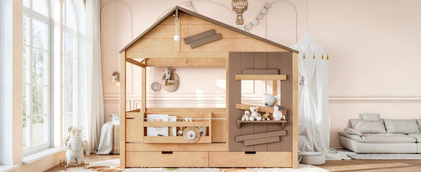 English Elm Full Size Pine Wood Playhouse Bed with Storage Drawers Window Shelf and Hooks W5316S00092