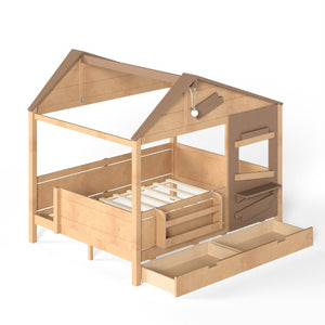 English Elm Full Size Pine Wood Playhouse Bed with Storage Drawers Window Shelf and Hooks W5316S00092