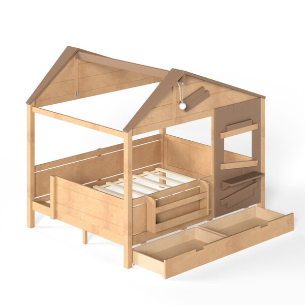 English Elm Full Size Pine Wood Playhouse Bed with Storage Drawers Window Shelf and Hooks W5316S00092