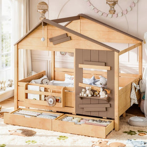 English Elm Full Size Pine Wood Playhouse Bed with Storage Drawers Window Shelf and Hooks W5316S00092