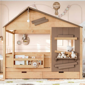 English Elm Full Size Pine Wood Playhouse Bed with Storage Drawers Window Shelf and Hooks W5316S00092