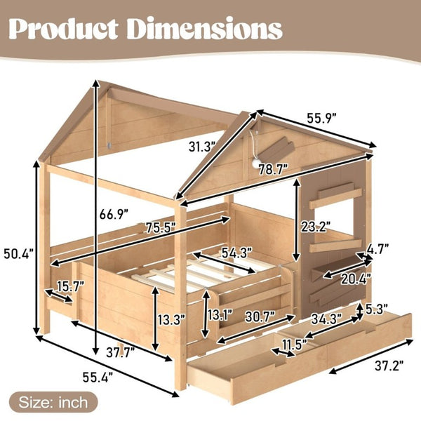 English Elm Full Size Pine Wood Playhouse Bed with Storage Drawers Window Shelf and Hooks W5316S00092