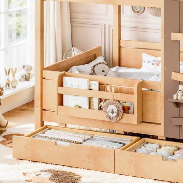 English Elm Full Size Pine Wood Playhouse Bed with Storage Drawers Window Shelf and Hooks W5316S00092