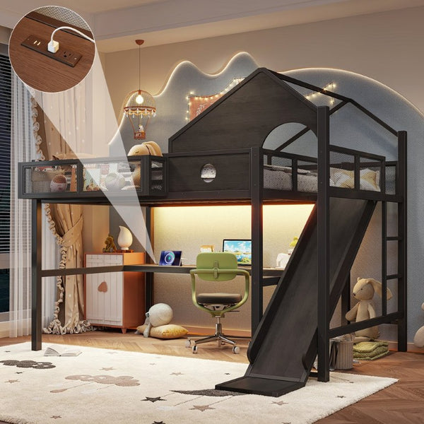 English Elm Full Size Metal Loft Bed with Slide Desk LED Lights USB Ports and Storage Shelves W5316S00098