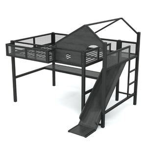 English Elm Full Size Metal Loft Bed with Slide Desk LED Lights USB Ports and Storage Shelves W5316S00098