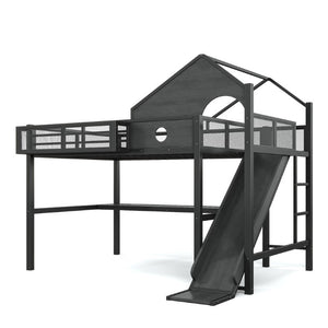English Elm Full Size Metal Loft Bed with Slide Desk LED Lights USB Ports and Storage Shelves W5316S00098