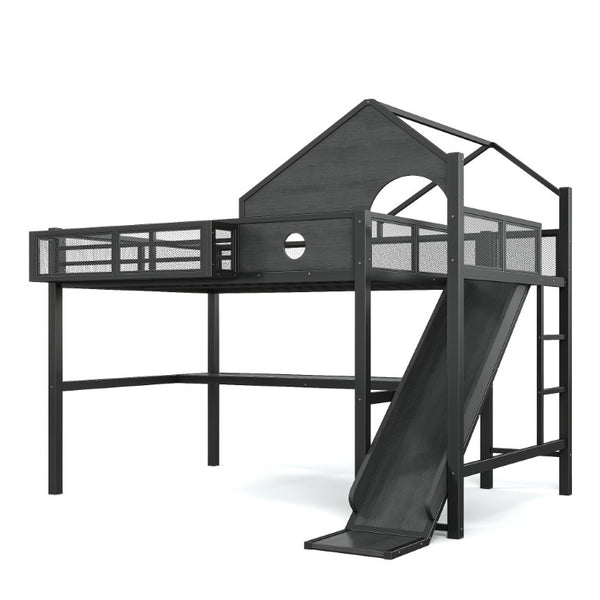 English Elm Full Size Metal Loft Bed with Slide Desk LED Lights USB Ports and Storage Shelves W5316S00098