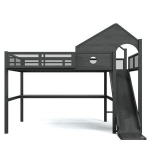 English Elm Full Size Metal Loft Bed with Slide Desk LED Lights USB Ports and Storage Shelves W5316S00098