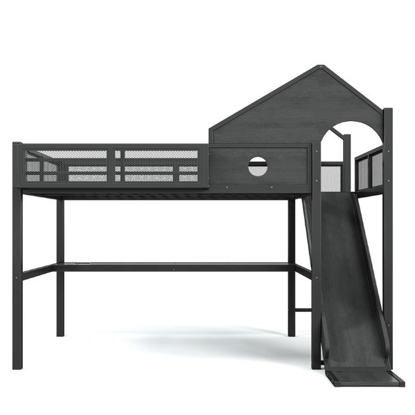 English Elm Full Size Metal Loft Bed with Slide Desk LED Lights USB Ports and Storage Shelves W5316S00098